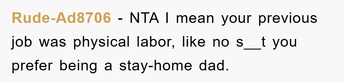 Rude-Ad8706 − NTA I mean your previous job was physical labor, like no s__t you prefer being a stay-home dad.