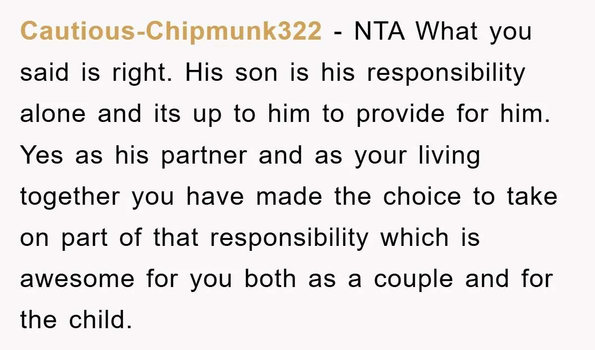 Cautious-Chipmunk322 − NTA What you said is right. His son is his responsibility alone and its up to him to provide for him. Yes as his partner and as your...