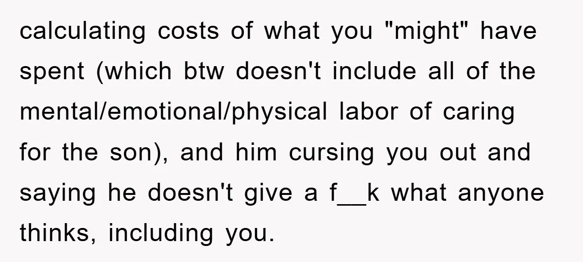 calculating costs of what you "might" have spent (which btw doesn't include all of the mental/emotional/physical labor of caring for the son), and him cursing you out and saying he...