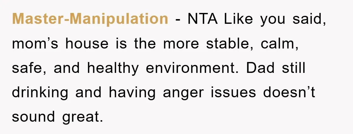 Master-Manipulation − NTA Like you said, mom’s house is the more stable, calm, safe, and healthy environment. Dad still drinking and having anger issues doesn’t sound great.