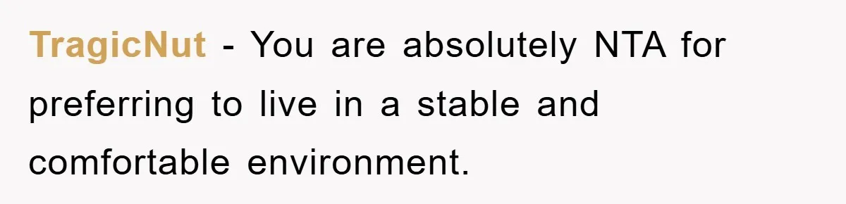 TragicNut − You are absolutely NTA for preferring to live in a stable and comfortable environment.