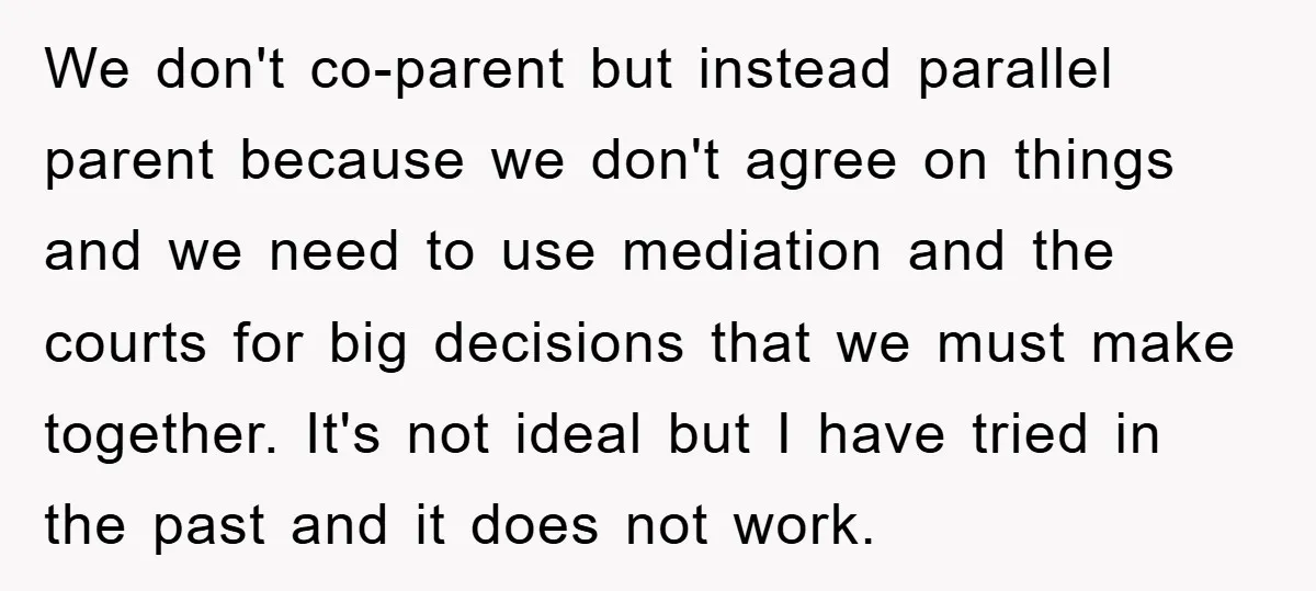 We don't co-parent but instead parallel parent because we don't agree on things and we need to use mediation and the courts for big decisions that we must make together....