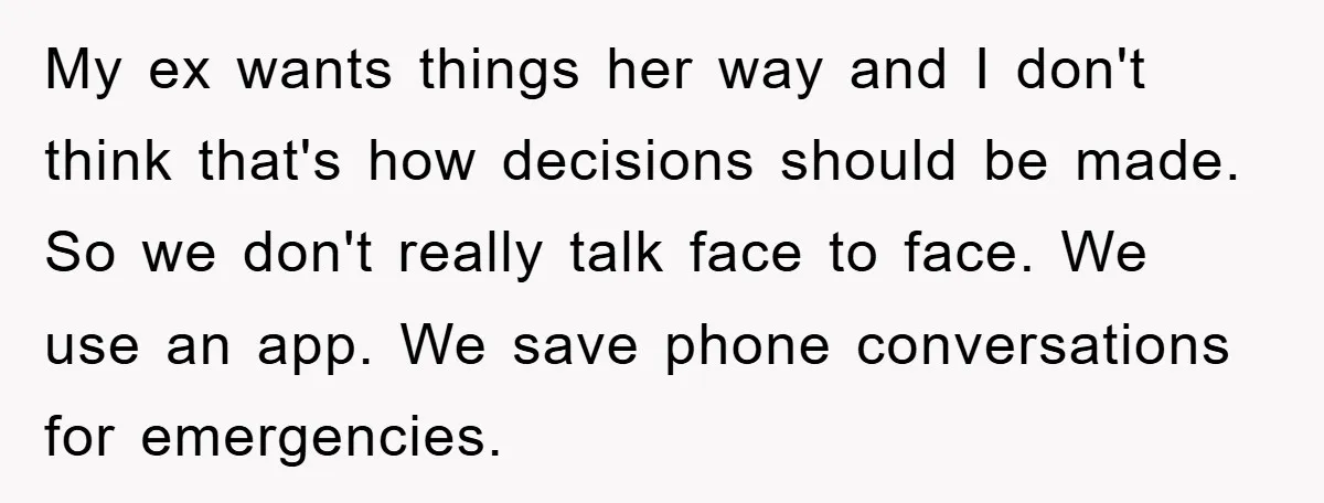 My ex wants things her way and I don't think that's how decisions should be made. So we don't really talk face to face. We use an app. We save...