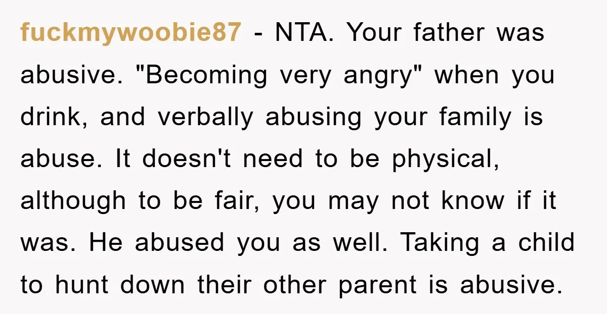fuckmywoobie87 − NTA. Your father was abusive. "Becoming very angry" when you drink, and verbally abusing your family is abuse. It doesn't need to be physical, although to be fair,...