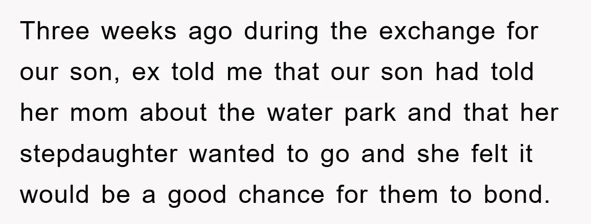 Three weeks ago during the exchange for our son, ex told me that our son had told her mom about the water park and that her stepdaughter wanted to go...