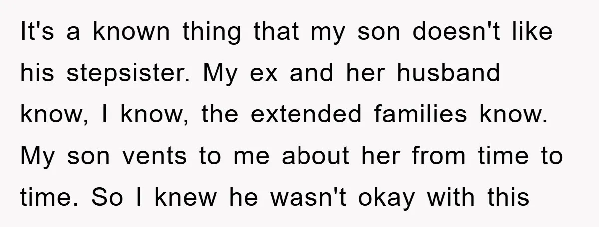 It's a known thing that my son doesn't like his stepsister. My ex and her husband know, I know, the extended families know. My son vents to me about her...