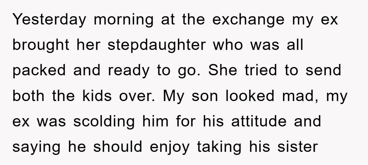 Yesterday morning at the exchange my ex brought her stepdaughter who was all packed and ready to go. She tried to send both the kids over. My son looked mad,...