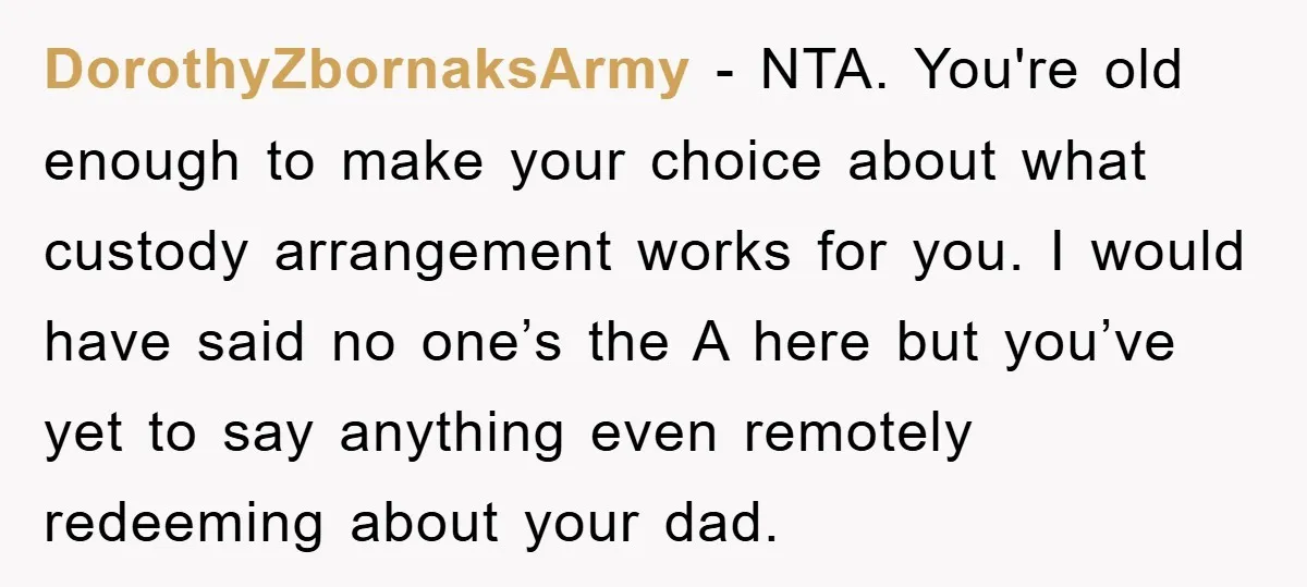 DorothyZbornaksArmy − NTA. You're old enough to make your choice about what custody arrangement works for you. I would have said no one’s the A here but you’ve yet to...