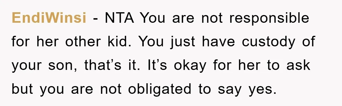 EndiWinsi - NTA You are not responsible for her other kid. You just have custody of your son, that’s it. It’s okay for her to ask but you are not...
