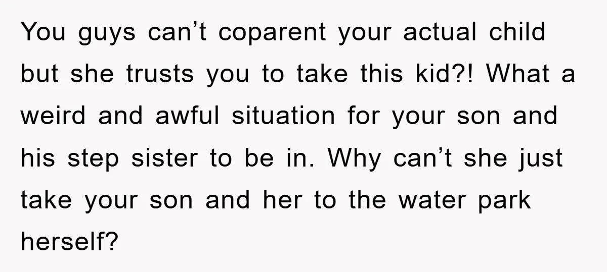 You guys can’t coparent your actual child but she trusts you to take this kid?! What a weird and awful situation for your son and his step sister to be...