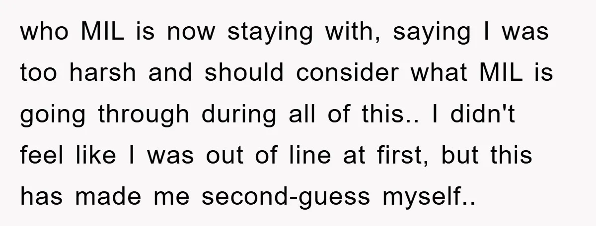who MIL is now staying with, saying I was too harsh and should consider what MIL is going through during all of this.. I didn't feel like I was out...