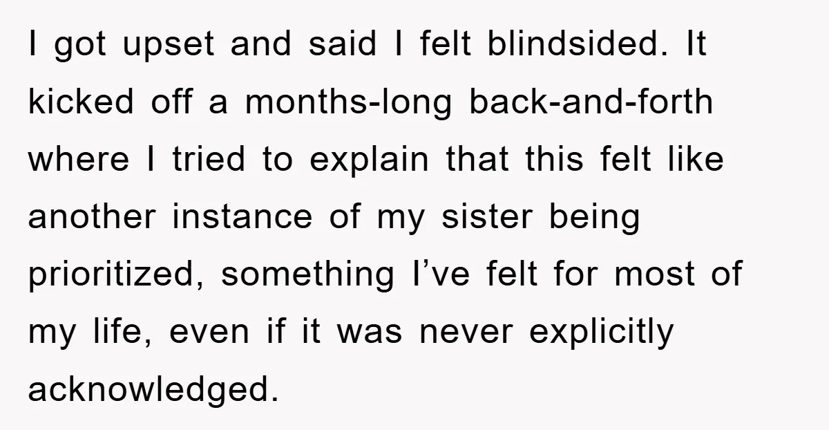 I got upset and said I felt blindsided. It kicked off a months-long back-and-forth where I tried to explain that this felt like another instance of my sister being prioritized,...