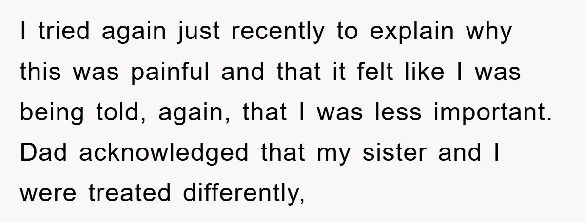 I tried again just recently to explain why this was painful and that it felt like I was being told, again, that I was less important. Dad acknowledged that my...