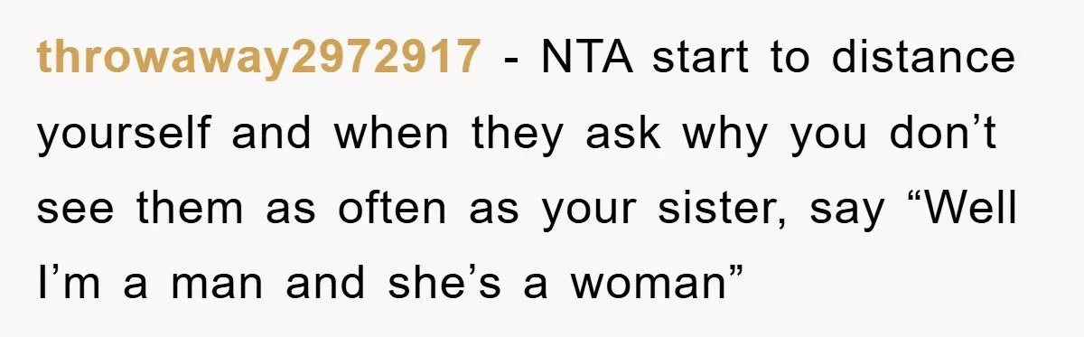 throwaway2972917 − NTA start to distance yourself and when they ask why you don’t see them as often as your sister, say “Well I’m a man and she’s a woman”