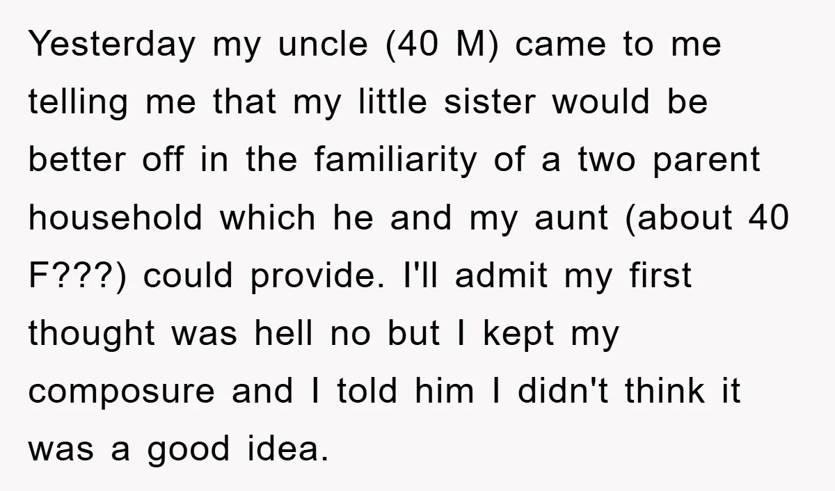 Yesterday my uncle (40 M) came to me telling me that my little sister would be better off in the familiarity of a two parent household which he and my...