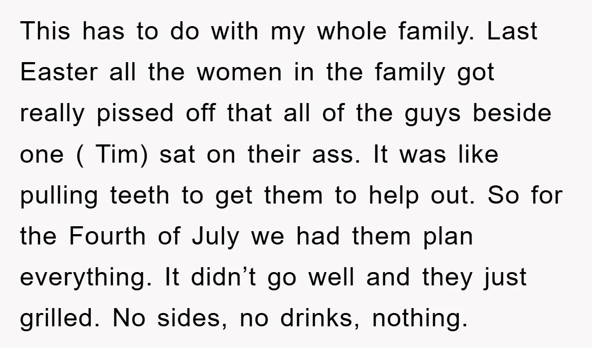 This has to do with my whole family. Last Easter all the women in the family got really pissed off that all of the guys beside one ( Tim) sat...