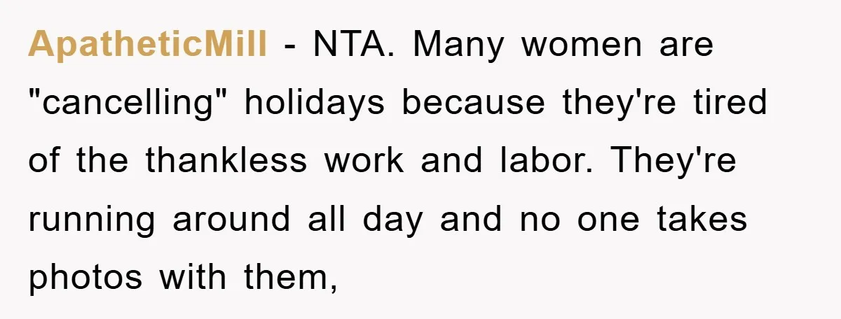 ApatheticMill − NTA. Many women are "cancelling" holidays because they're tired of the thankless work and labor. They're running around all day and no one takes photos with them,