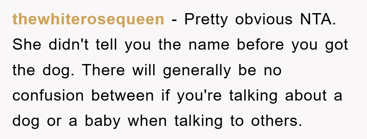 thewhiterosequeen − Pretty obvious NTA. She didn't tell you the name before you got the dog. There will generally be no confusion between if you're talking about a dog or...