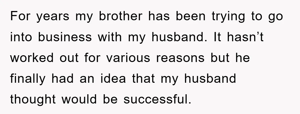 For years my brother has been trying to go into business with my husband. It hasn’t worked out for various reasons but he finally had an idea that my husband...