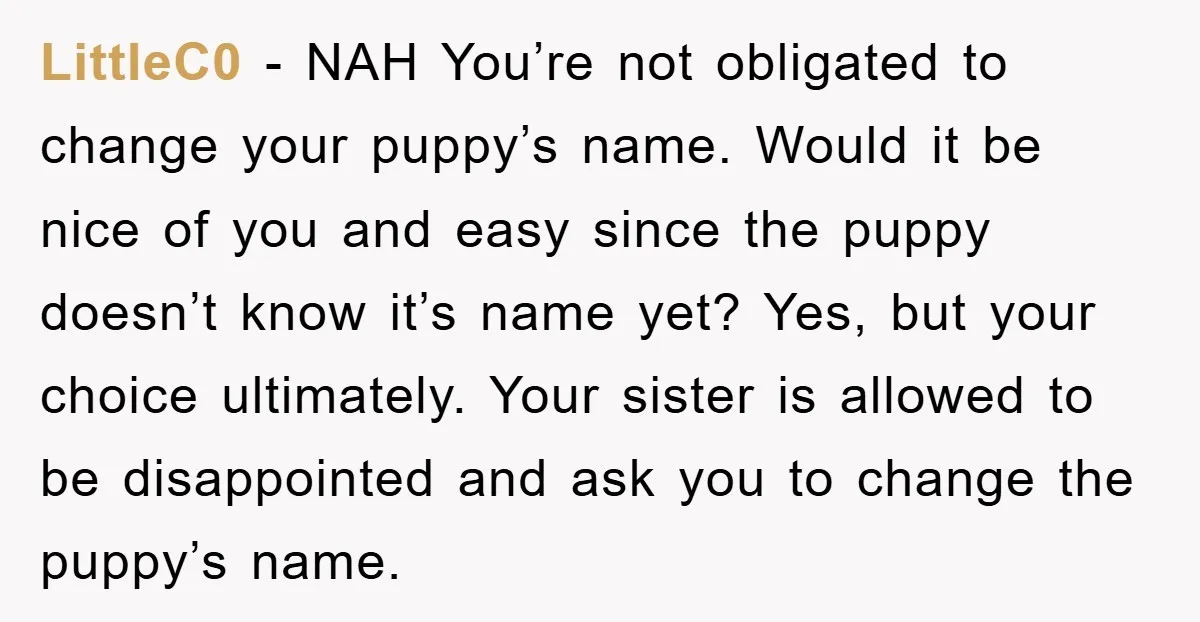 LittleC0 − NAH You’re not obligated to change your puppy’s name. Would it be nice of you and easy since the puppy doesn’t know it’s name yet? Yes, but your...