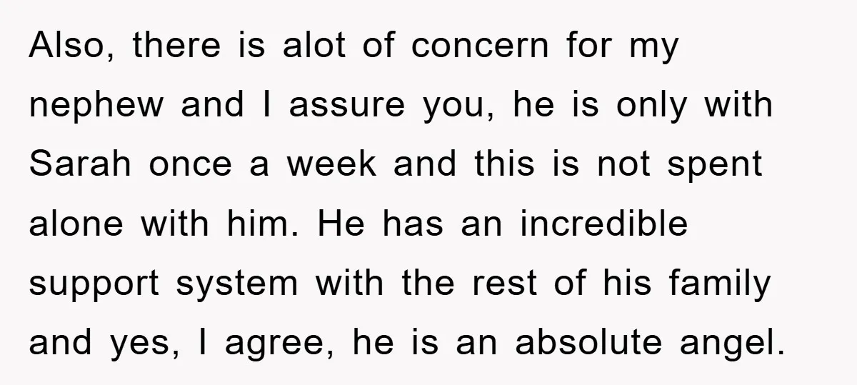 Also, there is alot of concern for my nephew and I assure you, he is only with Sarah once a week and this is not spent alone with him. He...