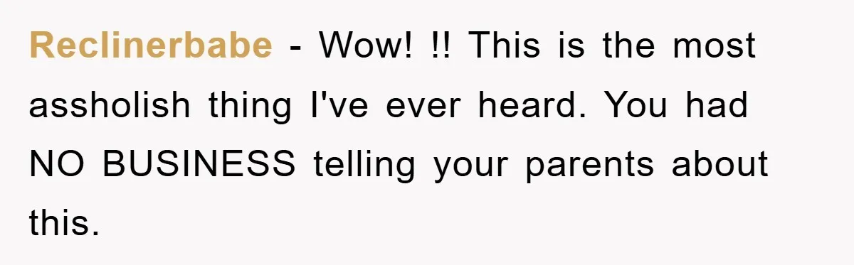 Reclinerbabe − Wow! !! This is the most assholish thing I've ever heard. You had NO BUSINESS telling your parents about this.
