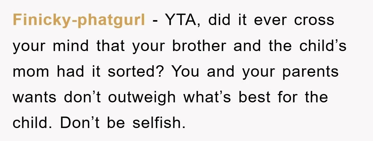 Finicky-phatgurl − YTA, did it ever cross your mind that your brother and the child’s mom had it sorted? You and your parents wants don’t outweigh what’s best for the...