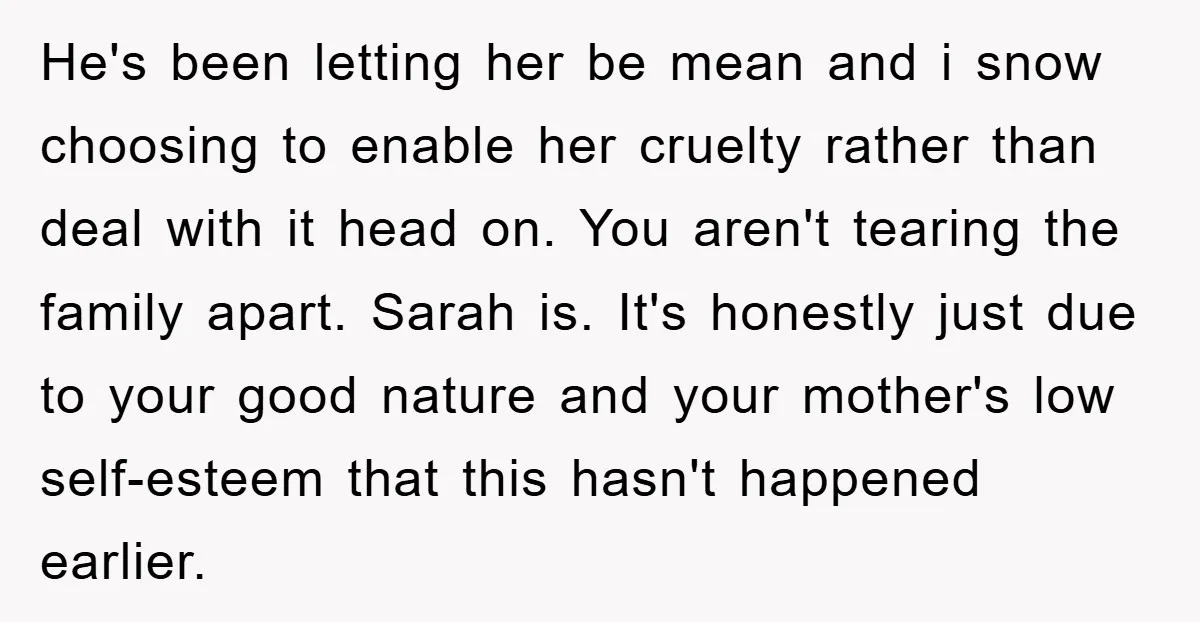 He's been letting her be mean and i snow choosing to enable her cruelty rather than deal with it head on. You aren't tearing the family apart. Sarah is. It's...