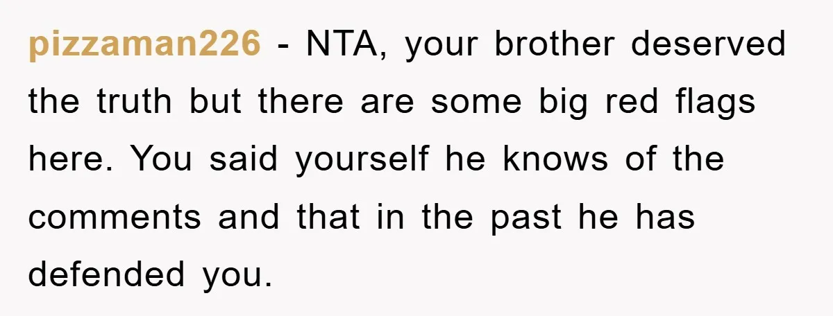 pizzaman226 − NTA, your brother deserved the truth but there are some big red flags here. You said yourself he knows of the comments and that in the past he...