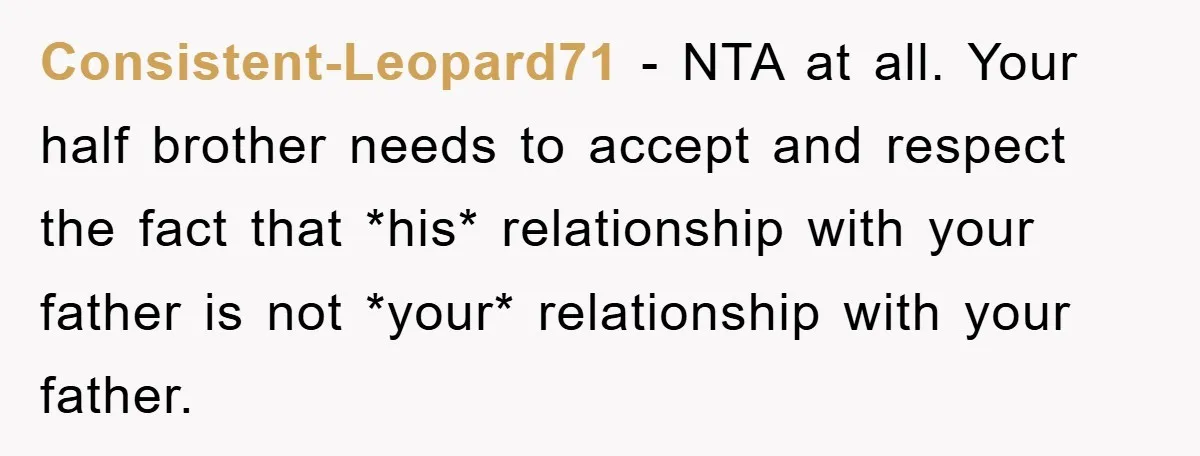 Consistent-Leopard71 − NTA at all. Your half brother needs to accept and respect the fact that *his* relationship with your father is not *your* relationship with your father.