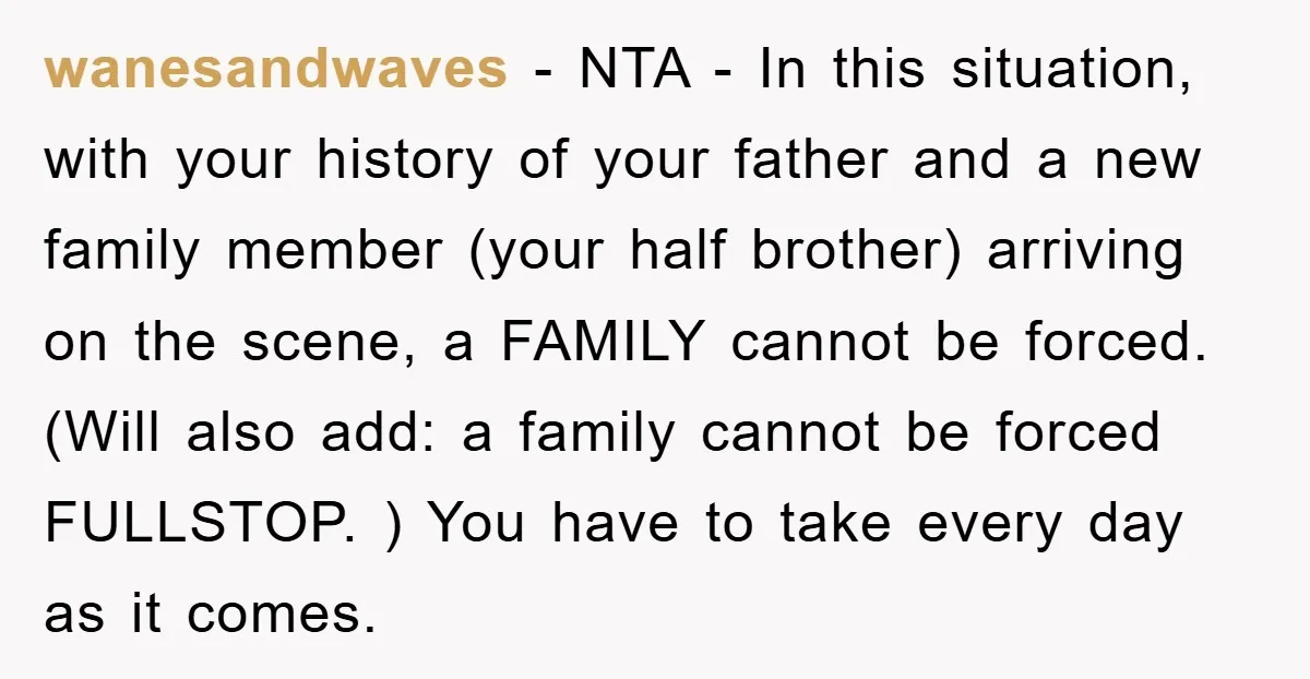 wanesandwaves − NTA - In this situation, with your history of your father and a new family member (your half brother) arriving on the scene, a FAMILY cannot be forced....