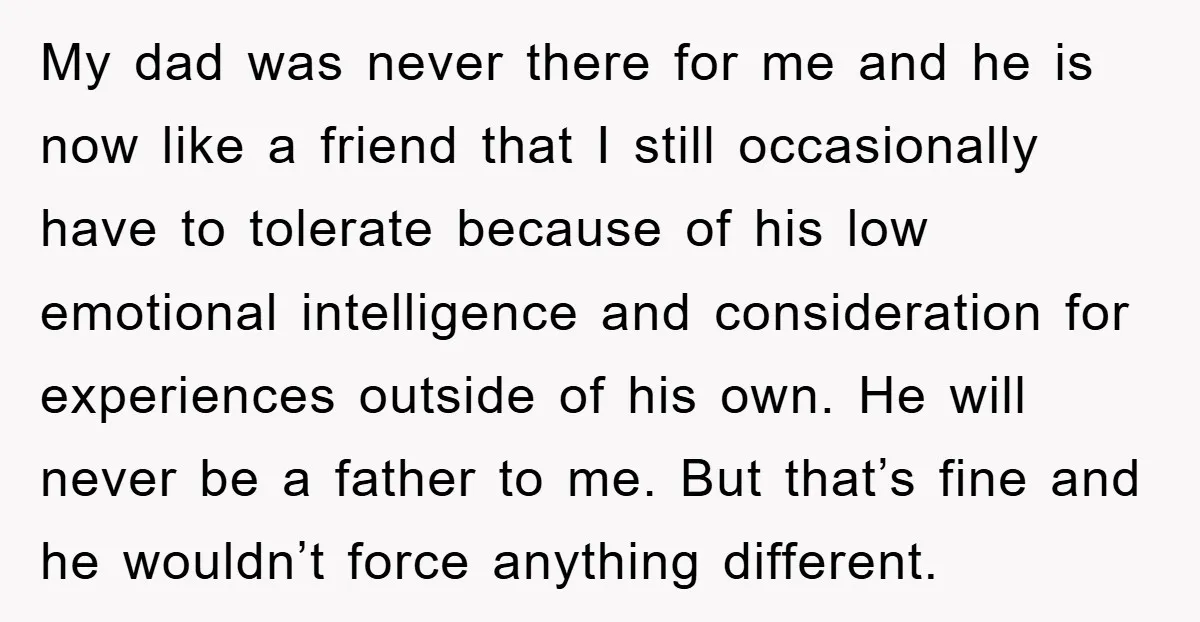 My dad was never there for me and he is now like a friend that I still occasionally have to tolerate because of his low emotional intelligence and consideration for...