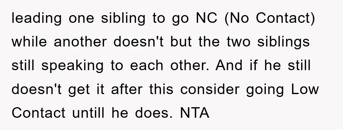 leading one sibling to go NC (No Contact) while another doesn't but the two siblings still speaking to each other. And if he still doesn't get it after this consider...