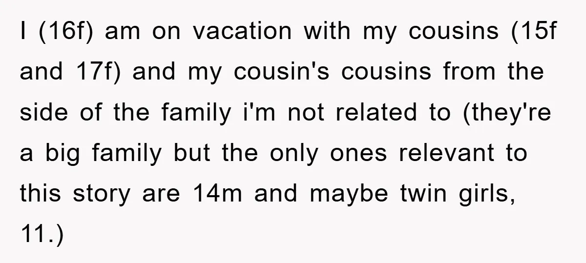 I (16f) am on vacation with my cousins (15f and 17f) and my cousin's cousins from the side of the family i'm not related to (they're a big family but...