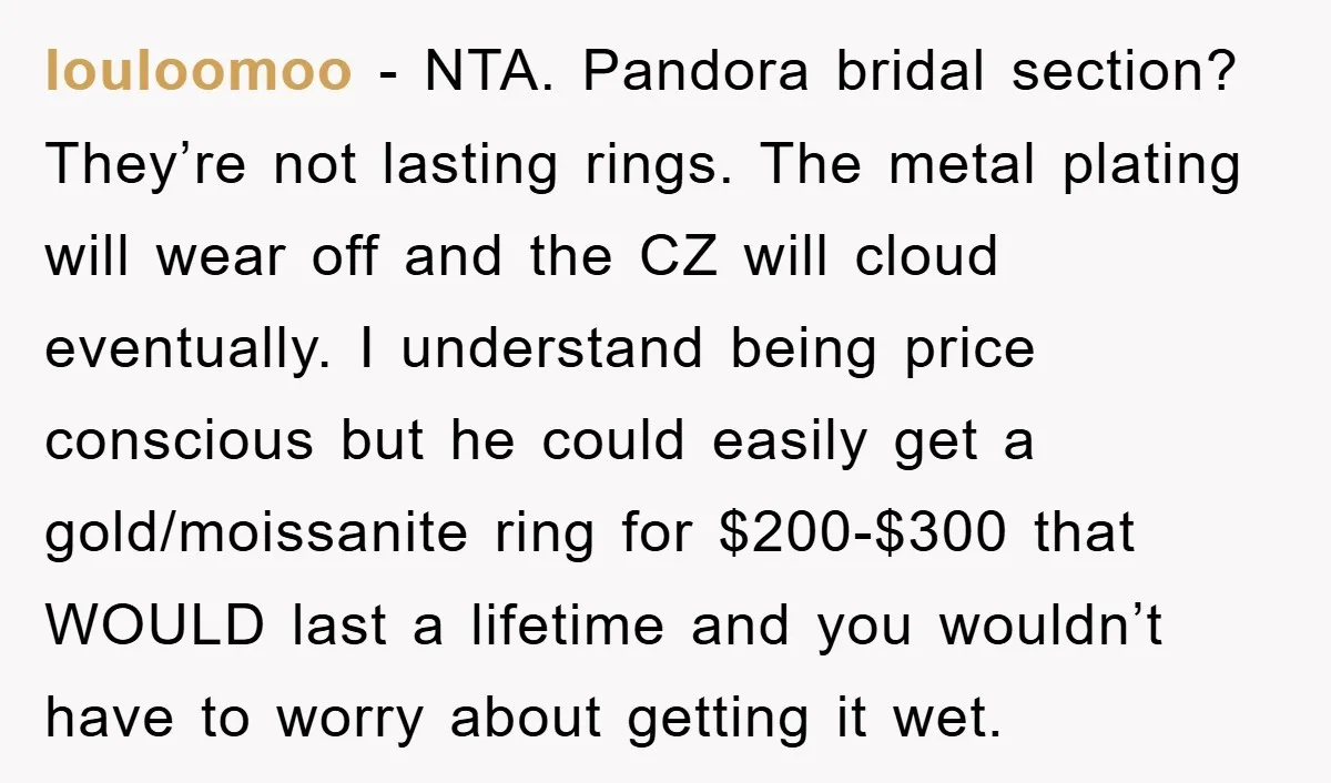 louloomoo − NTA. Pandora bridal section? They’re not lasting rings. The metal plating will wear off and the CZ will cloud eventually. I understand being price conscious but he could...