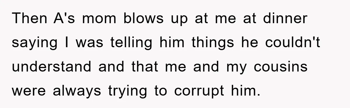 Then A's mom blows up at me at dinner saying I was telling him things he couldn't understand and that me and my cousins were always trying to corrupt him.