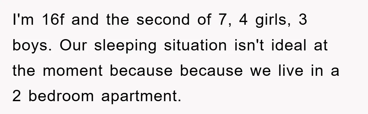 I'm 16f and the second of 7, 4 girls, 3 boys. Our sleeping situation isn't ideal at the moment because because we live in a 2 bedroom apartment.