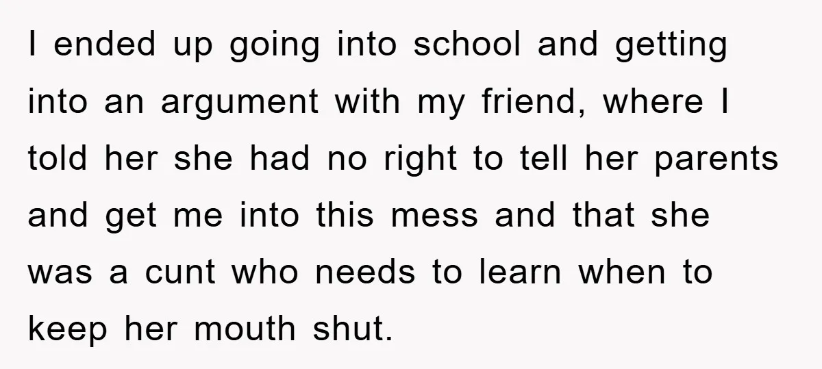 I ended up going into school and getting into an argument with my friend, where I told her she had no right to tell her parents and get me into...