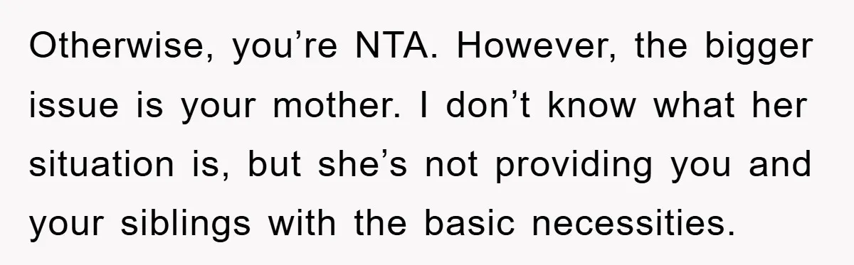 Otherwise, you’re NTA. However, the bigger issue is your mother. I don’t know what her situation is, but she’s not providing you and your siblings with the basic necessities.