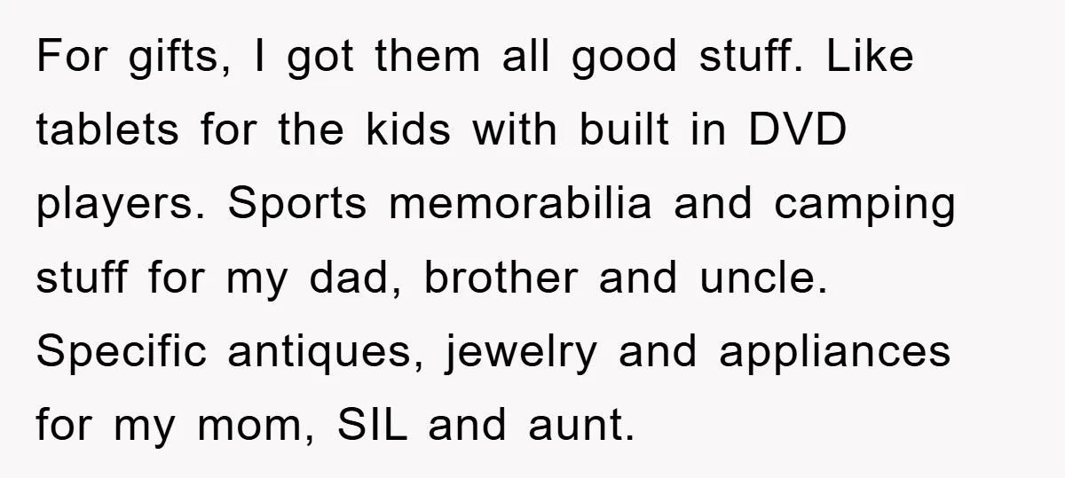 For gifts, I got them all good stuff. Like tablets for the kids with built in DVD players. Sports memorabilia and camping stuff for my dad, brother and uncle. Specific...