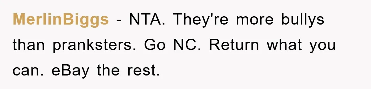 MerlinBiggs − NTA. They're more bullys than pranksters. Go NC. Return what you can. eBay the rest.