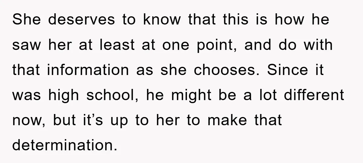 She deserves to know that this is how he saw her at least at one point, and do with that information as she chooses. Since it was high school, he...