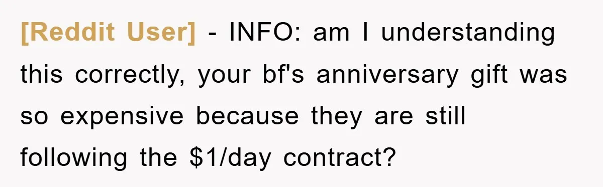 [Reddit User] − INFO: am I understanding this correctly, your bf's anniversary gift was so expensive because they are still following the $1/day contract?
