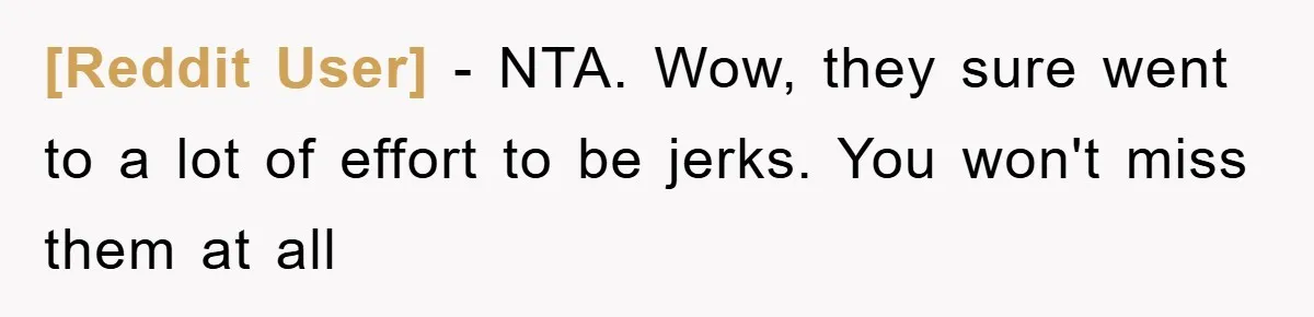 [Reddit User] − NTA. Wow, they sure went to a lot of effort to be jerks. You won't miss them at all