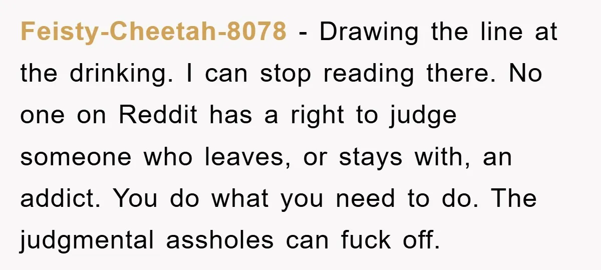 Feisty-Cheetah-8078 - Drawing the line at the drinking. I can stop reading there. No one on Reddit has a right to judge someone who leaves, or stays with, an addict....