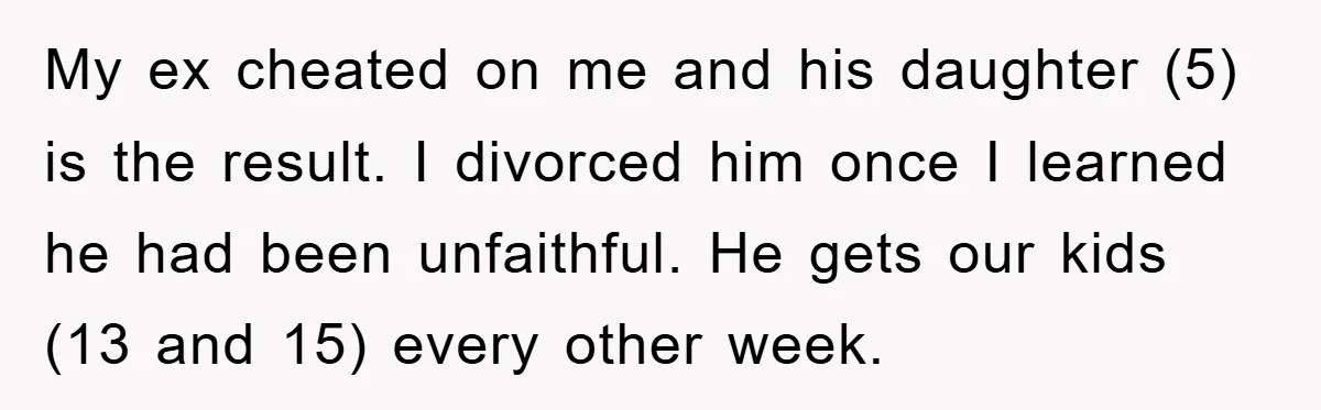 My ex cheated on me and his daughter (5) is the result. I divorced him once I learned he had been unfaithful. He gets our kids (13 and 15) every...