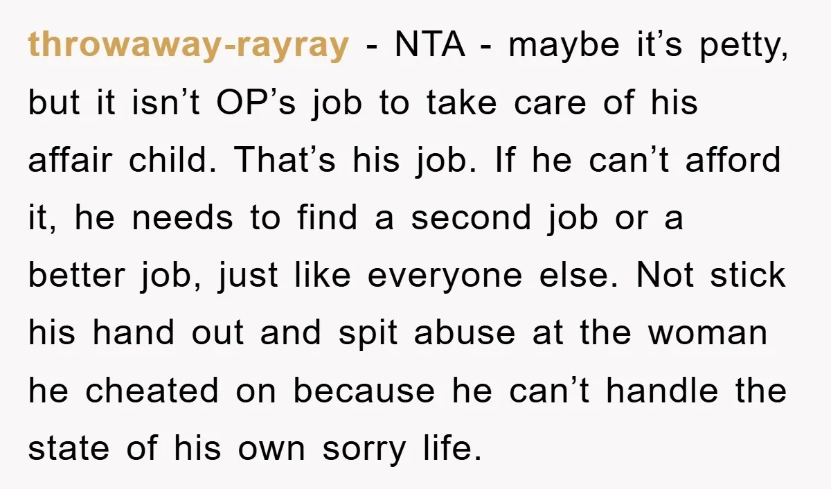 throwaway-rayray − NTA - maybe it’s petty, but it isn’t OP’s job to take care of his affair child. That’s his job. If he can’t afford it, he needs to...