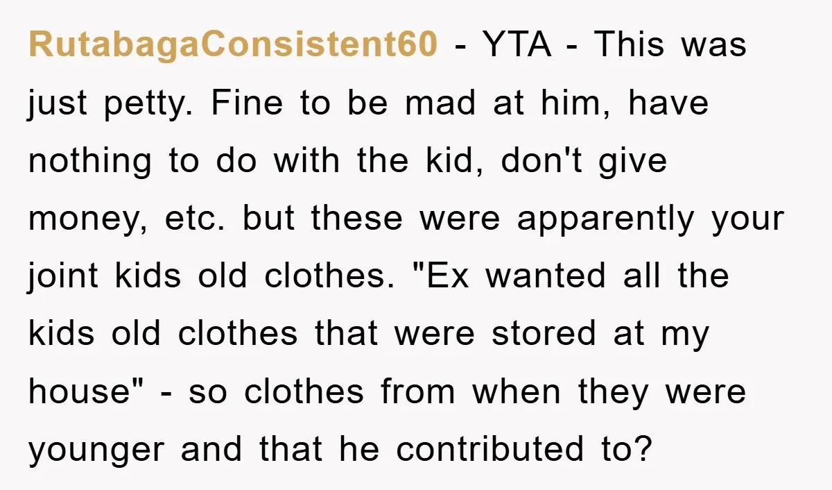 RutabagaConsistent60 − YTA - This was just petty. Fine to be mad at him, have nothing to do with the kid, don't give money, etc. but these were apparently your...