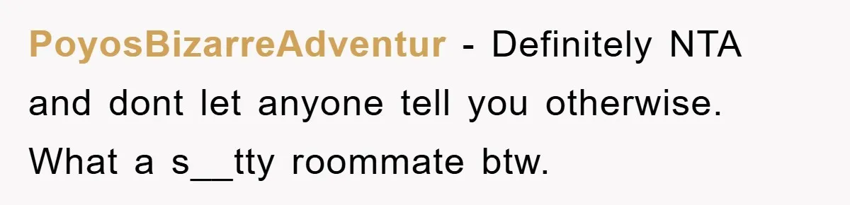 PoyosBizarreAdventur − Definitely NTA and dont let anyone tell you otherwise.   What a s__tty roommate btw.