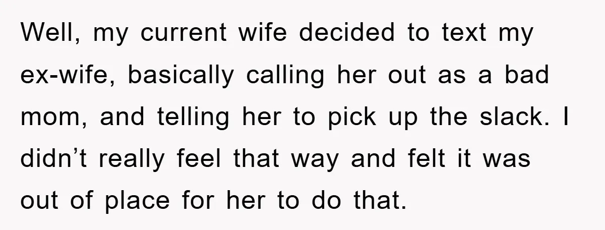 Well, my current wife decided to text my ex-wife, basically calling her out as a bad mom, and telling her to pick up the slack. I didn’t really feel that...